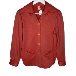 Vintage 70s Retro Style Coral Orange Long Sleeve Polyester Blouse, Size Small